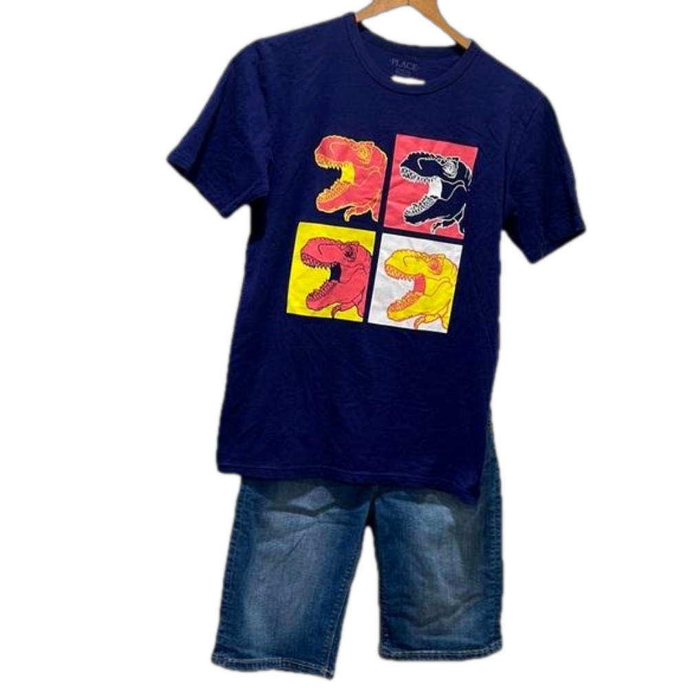 Guess & The childrens place SET size 14 GUC blue shorts and Dino t shirt..